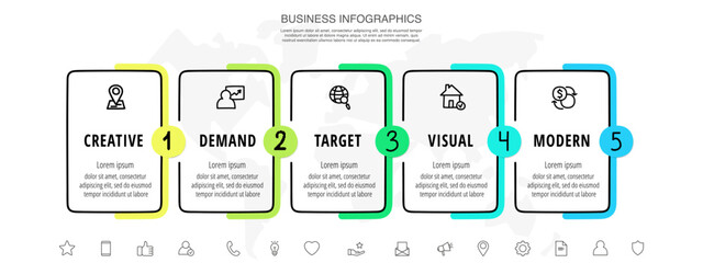 Vector line infographics with 5 rectangles. Business concept graphic process template with five steps and labels. Graphic timeline for step by step, app, website, levels, diagram, presentations