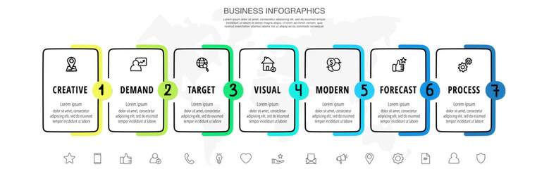 Vector line infographics with 7 rectangles. Business concept graphic process template with seven steps and labels. Graphic timeline for step by step, app, website, diagram, banner, presentations
