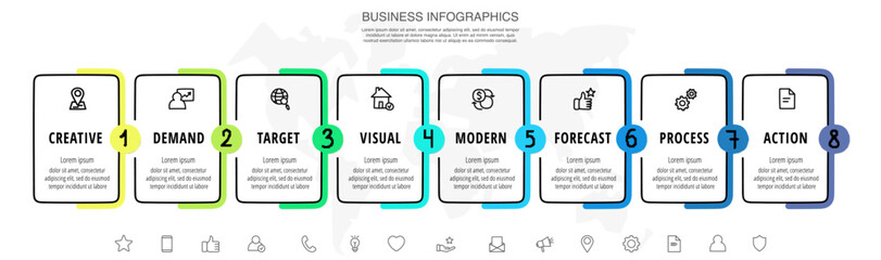 Vector line infographics with 8 rectangles. Business concept graphic process template with eight steps and labels. Graphic timeline for step by step, app, website, chart, web, diagram, presentations