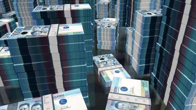 Philippines money Philippine Peso money notes packs loop. 3D flight over 1000 PHP banknotes stacks towers. Loopable seamless abstract background concept of business, economy crisis and finance.