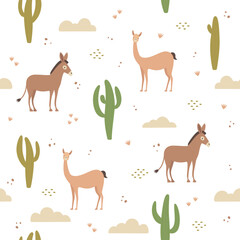 Nature seamless pattern, cactus, vicuña and donkey