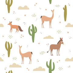Nature seamless pattern, cactus, vicuña, fox and donkey