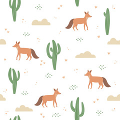 Nature seamless pattern, cactus and fox 