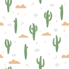 Nature seamless pattern, cactus and clouds