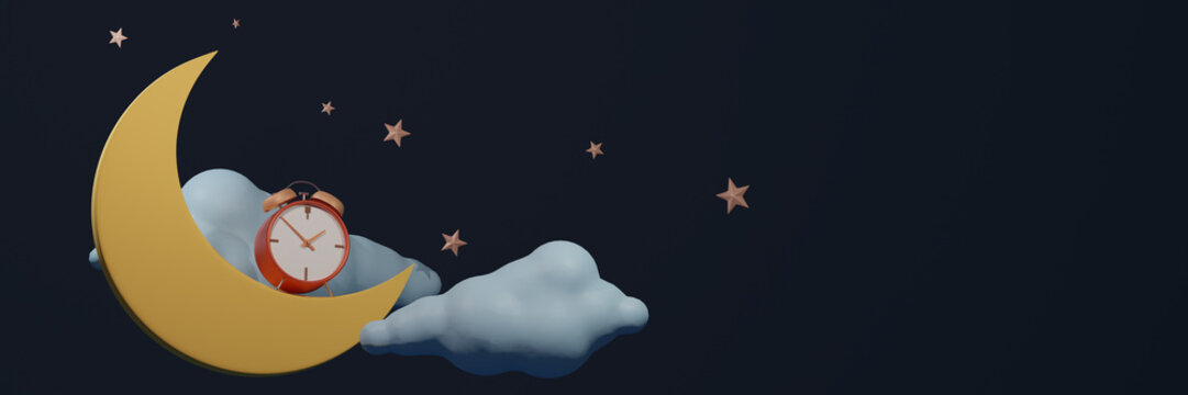 Crescent moon, golden stars and white clouds 3d style background design for banner, booklet, poster wih alarm clock. sleep