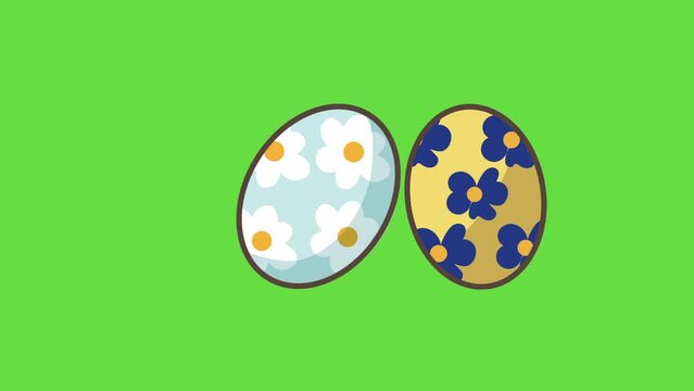 4k video of cartoon two patterned eggs on green background.