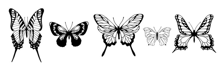 Set of doodles, sketches of winged insects, butterflies. Vector graphics.