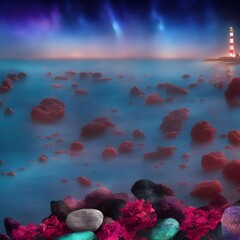 Beautiful beach with lighthouse and colored stones at night