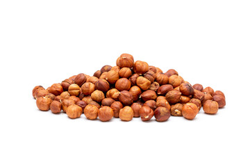 Heap of hazelnuts close-up. Peeled nuts. Hazelnut isolated on white background.