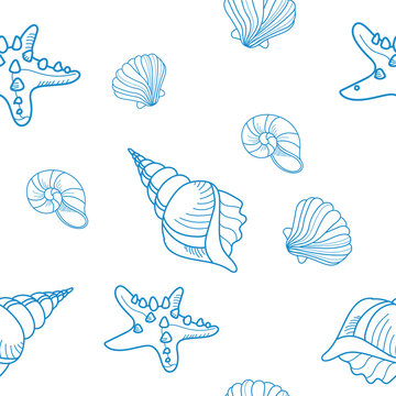 Line drawn shells, starfish vector pattern with blue colors on white  background