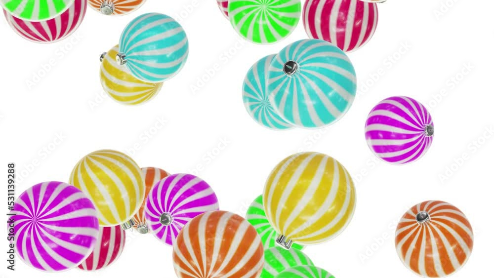 Poster realistic looping 3d animation of the colorful striped candy christmas baubles falling from the top 