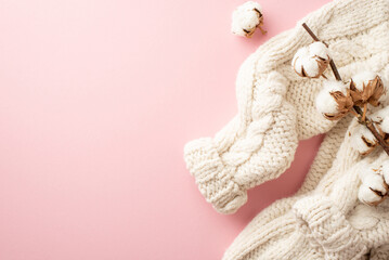 Winter aesthetic concept. Top view photo of knitted sweater and cotton branch on isolated pastel pink background with copyspace