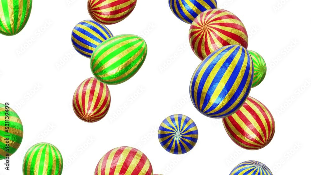 Poster realistic looping 3d animation of the fancy textured golden foiled colorful stripes easter eggs fall
