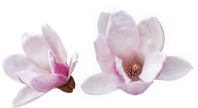 Two magnolia flowers isolated on transparent background. close-up of beautiful magnolia flowers: front and side