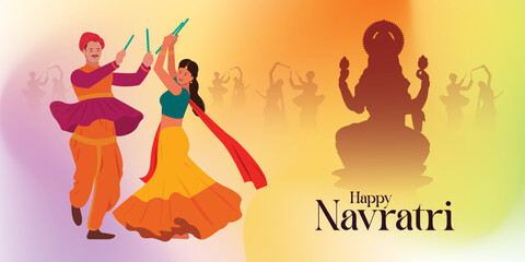 Fototapeta na wymiar Happy Navratri Text with vector illustration of Woman and Man playing Dandiya dance, Garba night poster for Navratri Dussehra festival of India.
