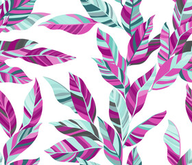Striped leaves tree branches vector seamless pattern summer fasion textile print design. © SunwArt