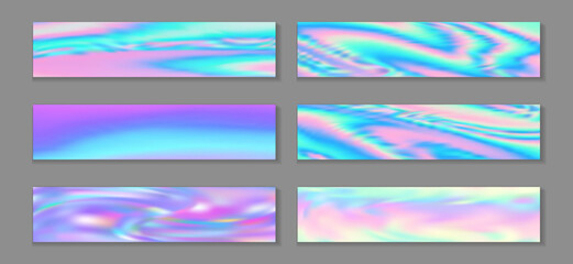 Fototapeta premium Hologram fashionable banner horizontal fluid gradient mermaid backgrounds vector set. Foil hologram