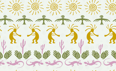 Kokopelli with flute, pangolin, hawk, sun symbol, hands and plant tribal vector seamless pattern.
