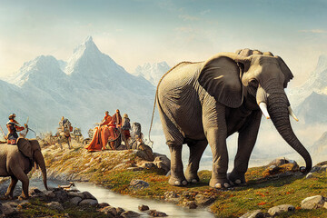 Fototapeta premium Illustration of Hannibal crossing the alps with elephants to the north of Italy, history of the invasion of the carthaginian army 