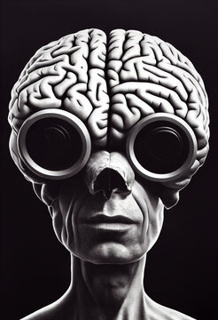 Illustration of a surreal portrait of a man with a brain and eyeglasses, skull face with broken nose, transhuman and articial intelligence