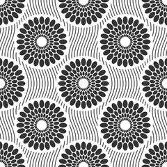 Seamless african fashion vector pattern with circles. Round shapes, wavy lines. Black and white illustration.