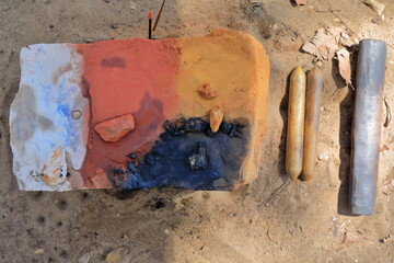 Utensils for preparing pigments-Australian Aboriginal painting-minerals and crushing mallets....
