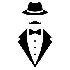 Illustration of a logo of a gentleman with a mustache in a hat, tuxedo and bow tie on a white background.