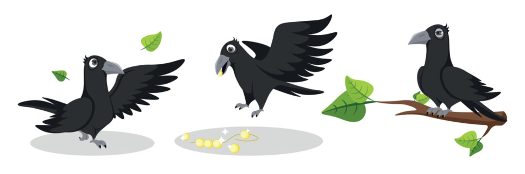 Vector illustration of a cute and beautiful crow on white background. Charming characters in different poses walk on the ground, find a brilliant necklace, sit on branches in cartoon style.
