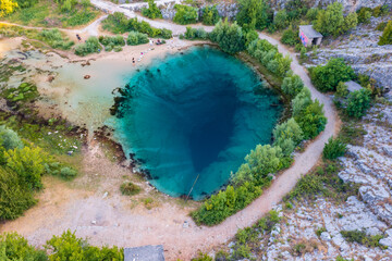 Aerial view about Cetina River Spring (Izvor Cetine), also known as the Eye Of The Earth is an...