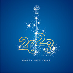 Happy New Year 2023 greetings sparkle firework white line design numbers gold white blue color background