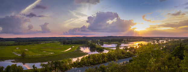 Beautiful panorama of Missouri River floodplain converted to wildlife conservation area at sunset; Missouri, Midwest; high angle view