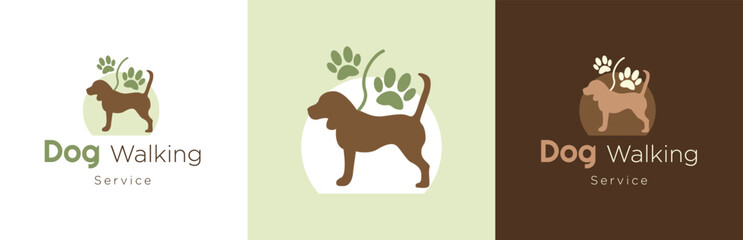 Dog walking service logo design, modern pet care symbol, domestic animal brand identity emblem concept, paw editable commercial logotype, icon set isolated on background