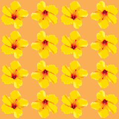 Seamless hibiscus flowers, floral fabric print in yellow and red