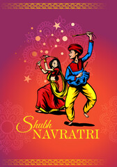 Vector design of Indian couple playing Garba in Dandiya Night Navratri Dussehra festival of India