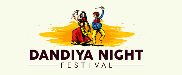 Vector design of Indian couple playing Garba in Dandiya Night Navratri Dussehra festival of India