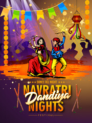 Vector design of Indian couple playing Garba in Dandiya Night Navratri Dussehra festival of India