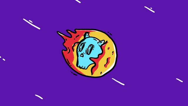 4K looped video. Stop motion animation with handdrawn doodle scull on fire. Meteor in the form of cartoon line art human skull flies endlessly in blazing flame. Collision hazard. Space death threat