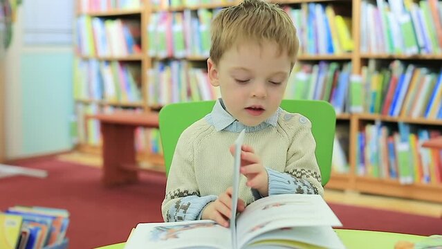 A little boy in the library is leafing through a children's picture book with interest