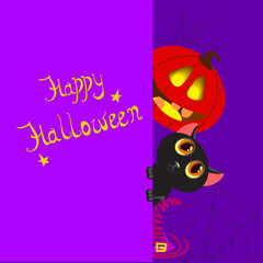 Happy Halloween greeting card with cute black cat and scary pumpkin. Animal holidays cartoon character. Calligraphy hand written. -Vector.