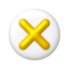 Obraz premium Golden cancel cross mark icon on round white button. 3d realistic design element.