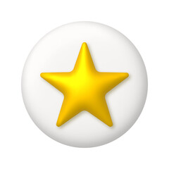 Golden metal star sign on white button. 3d realistic vector design element.