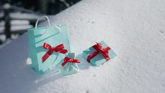 Surprise teal blue gift bags with red satin bows, symbol of family love, attention care. Still shot on RED. Scenic winter background with beautiful gifts on white fresh snowdrift on sunny winter day