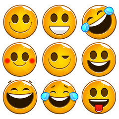 Emoji and emoticon faces vector set. Emojis or emoticons with crazy, surprise, funny, laughing, and scary expressions for design elements isolated in white background.