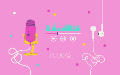 Cool purple cover or banner for a podcast channel. Studio microphone, audio player equalizer and wired headphones. Vector EPS 10.