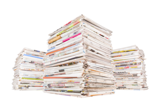 Three big stacks of generic newspapers isolated cut out