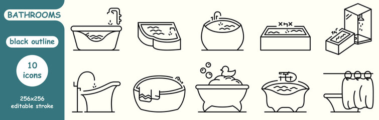 set of linear icons "bathrooms". black outline. icon set: corner bathtub, corner bathtub, duck and foam bathtub and others. browser icons.