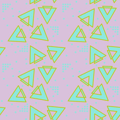 Seamless abstract geometric pattern. Neon colors. Violet, green, blue. Vector illustration. Triangles, dots. Design for textile fabrics, wrapping paper, background, wallpaper, cover.