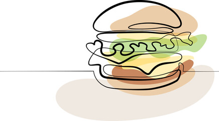 Burger menu simple color vector background. One continuous line drawing with text Burger menu.