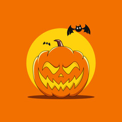 Halloween scary poster Banner with Orange Pumpkin grave bat Vector Illustration