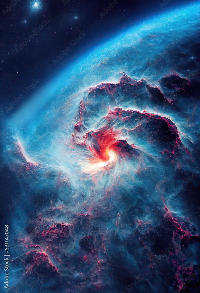 Wall mural illustration of a space cosmic background of supernova nebula and stars, glowing mysterious universe
